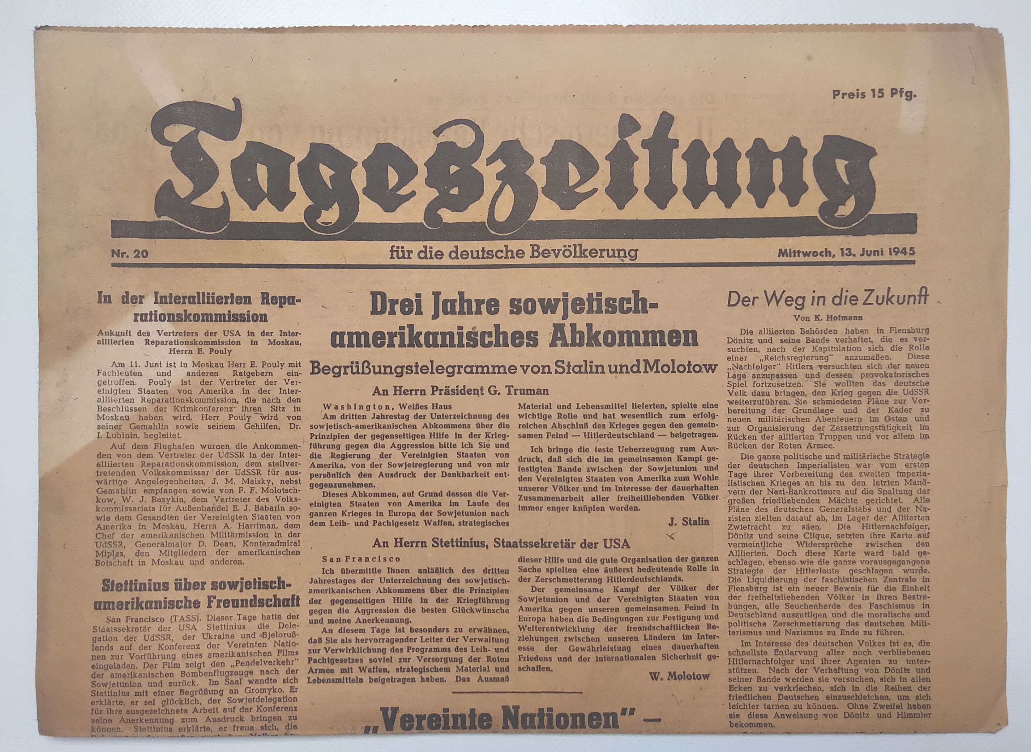 Tageszeitung Sowjetisch Amerikanisches Abkommen 1945 Stalin Molotov Nr 20