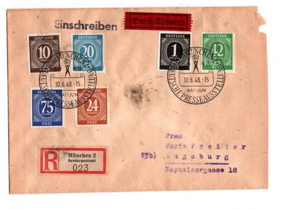 R Brief München 2 nach Augusburg Durch Eilboten Mischfrankatur 1948