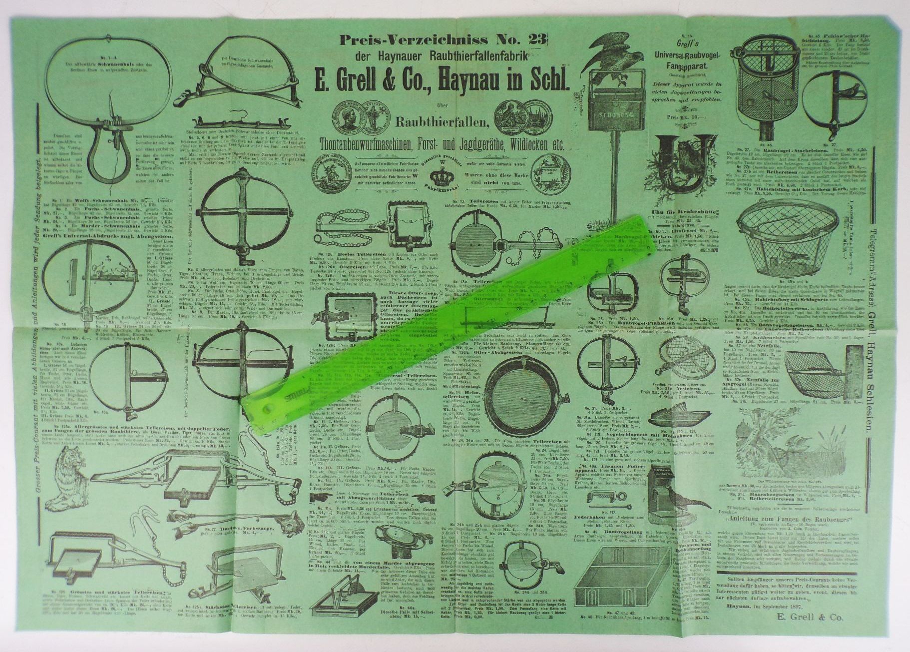 Reklame Prospekt Haynau Schlesien Grell u Co Raubtierfallen um 1900 Jäger 