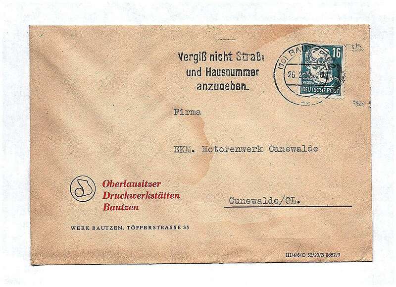 Briefkuvert DDR 1953 Oberlausitzer Druckwerkstätten Bautzen