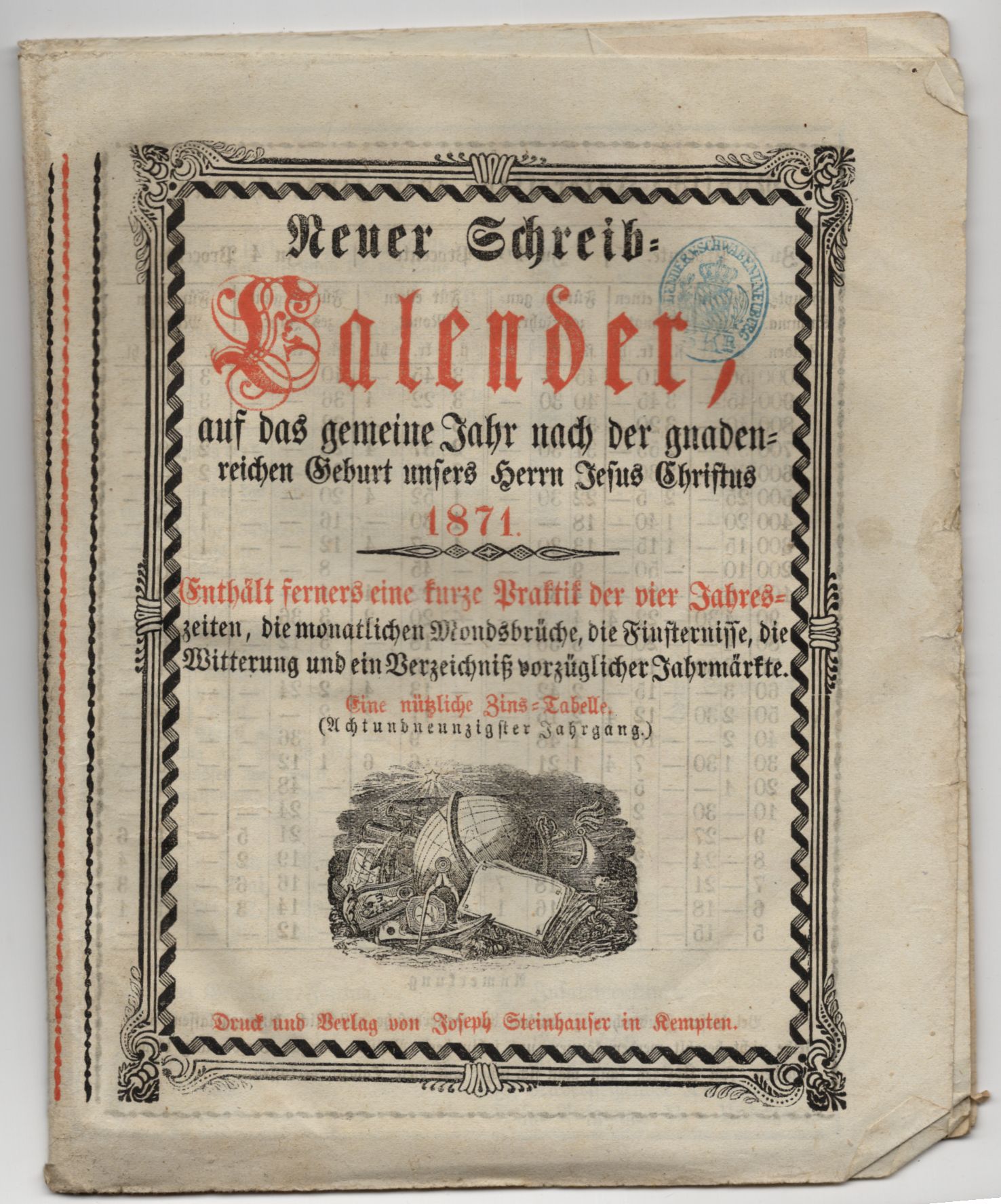 Allgemeiner Schreib Kalender 1871 Bayern Steinhauser Kempten