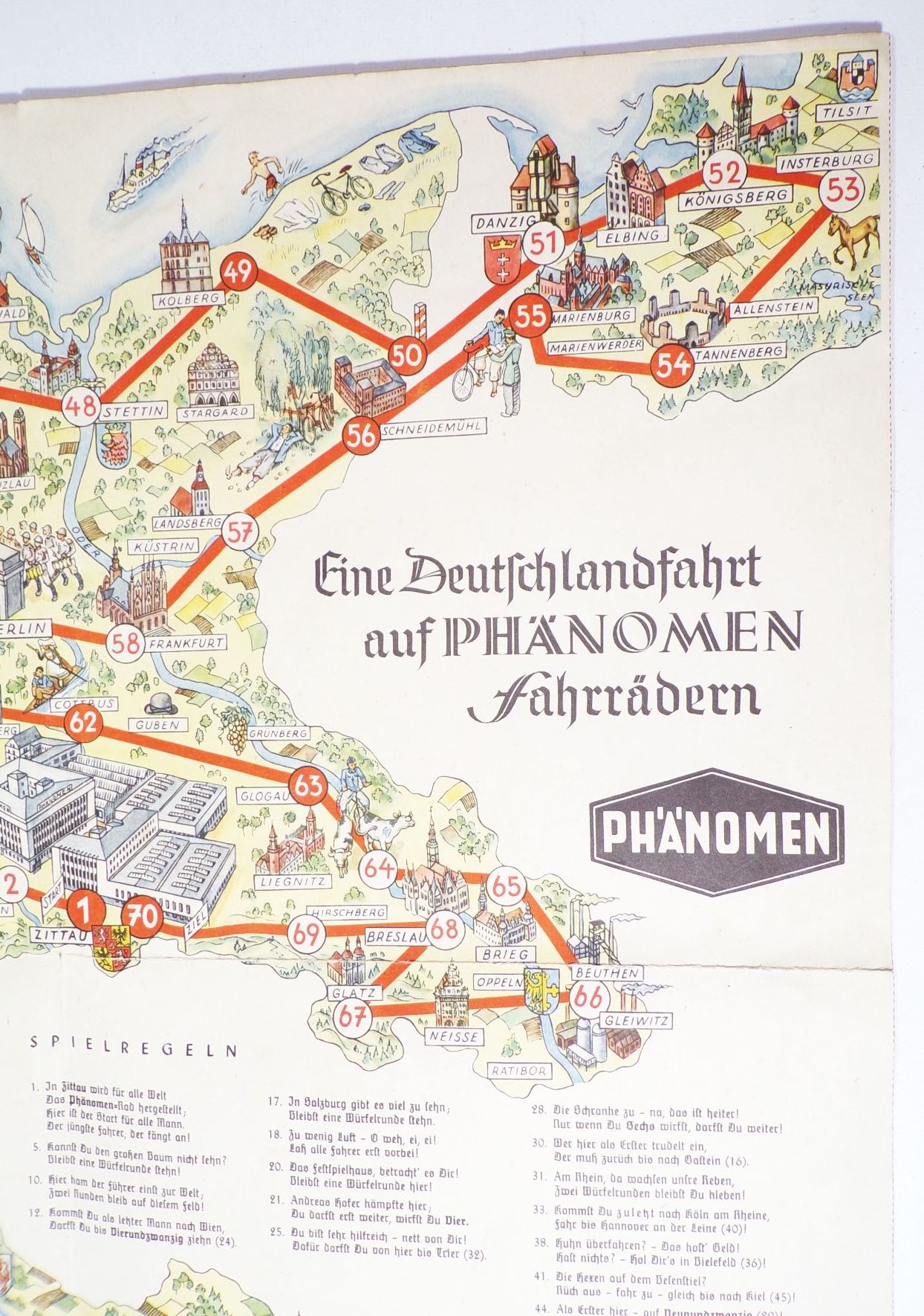 Deutschlandfahrt auf dem Phänomen Fahrrädern Reklame Brettspiel 1936 Werbung 