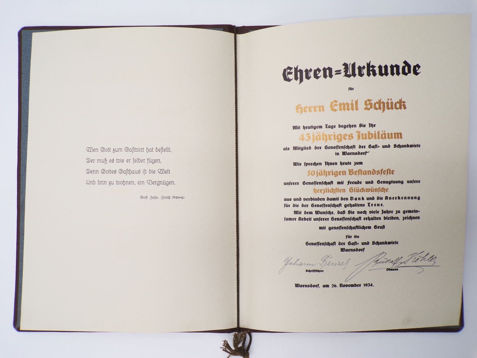 Ehren Urkunde Genossenschaftsgruppe Gastwirte Schankwirte Warnsdorf 1934