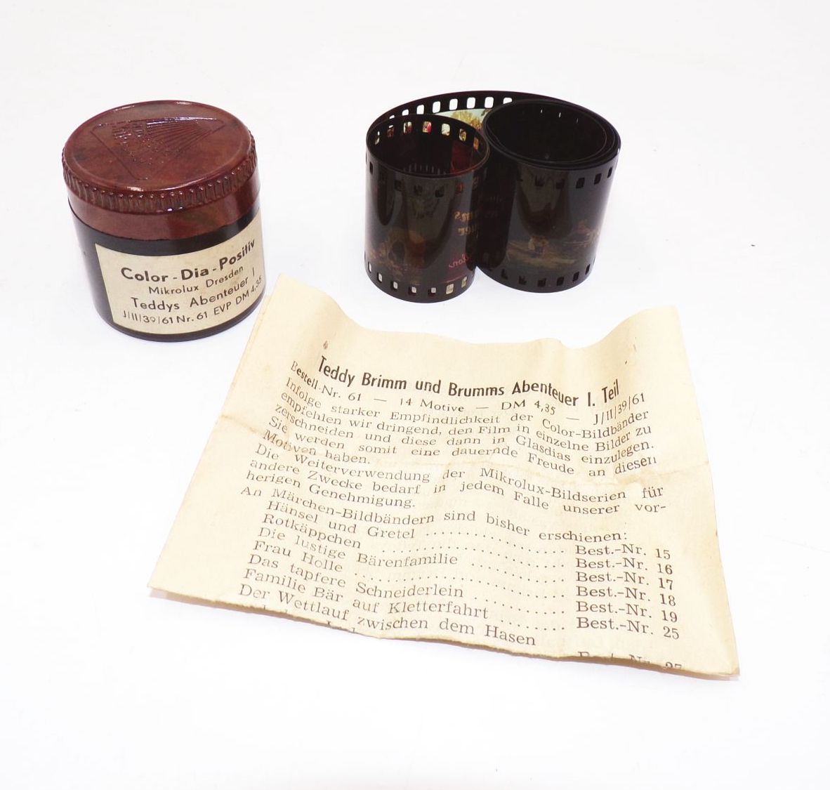 Alter Rollfilm Teddy Brimm und Brumms Abenteuer I Mikrolux Bakelitdose