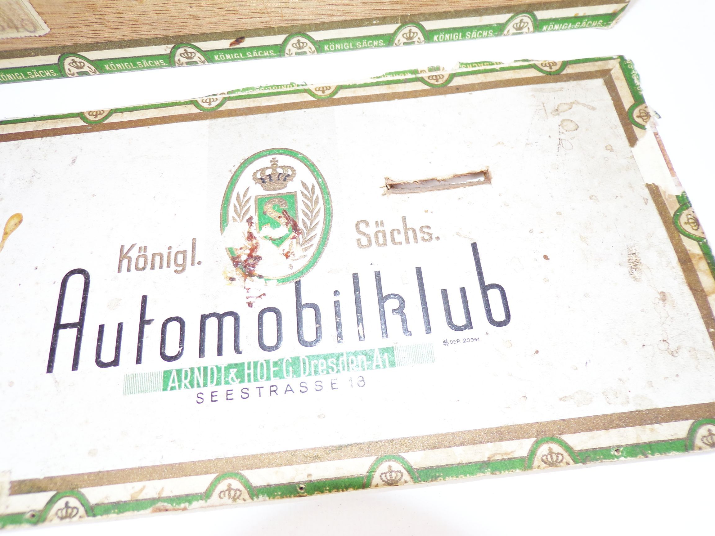 Alte Zigarrenkiste königlich sächsischer Automobilklub Arndt & Hord Dresden