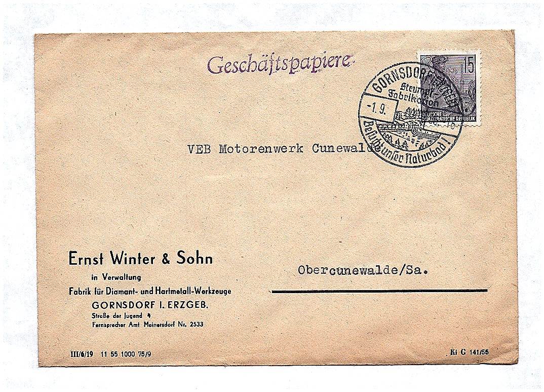 Geschäftspapiere Ernst Winter und Sohn an VEB Motorenwerk Cunewalde 1956