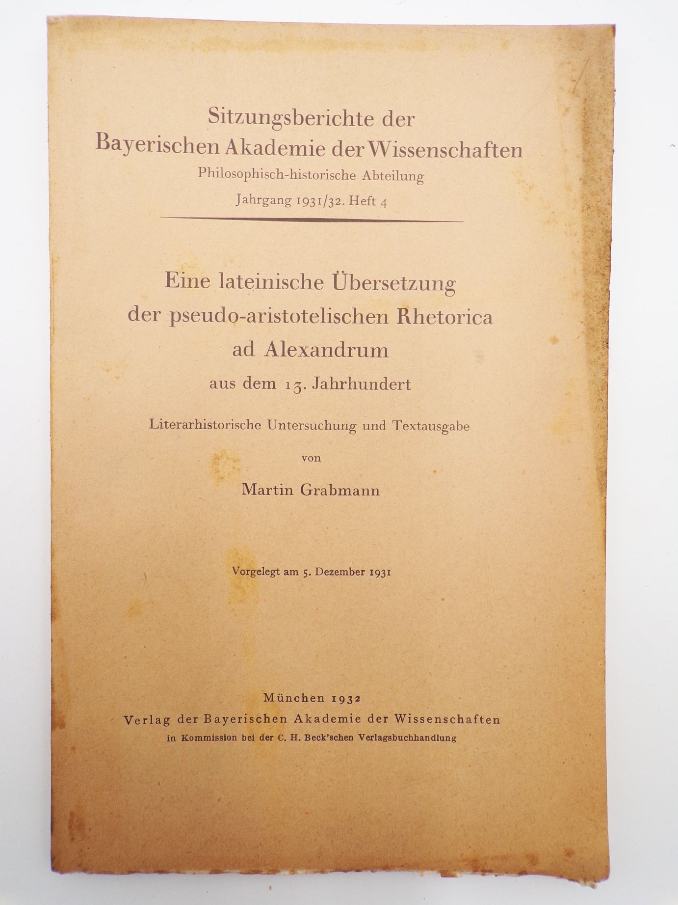 Eine lateinische Übersetzung der pseudo aristotelischen Rhetorica ad Alexandrum