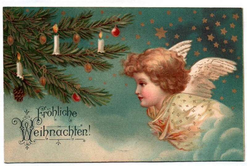 Litho Ak Engel mit Kindern vor Weihnachtsbaum fröhliche Weihnachten