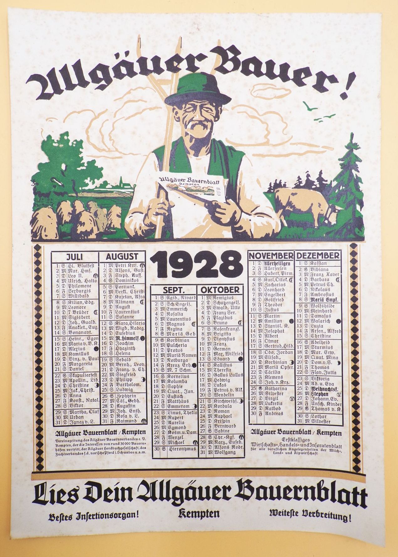 Kalender 1928 Allgäuer Bauer Bauernblatt Druck Deko