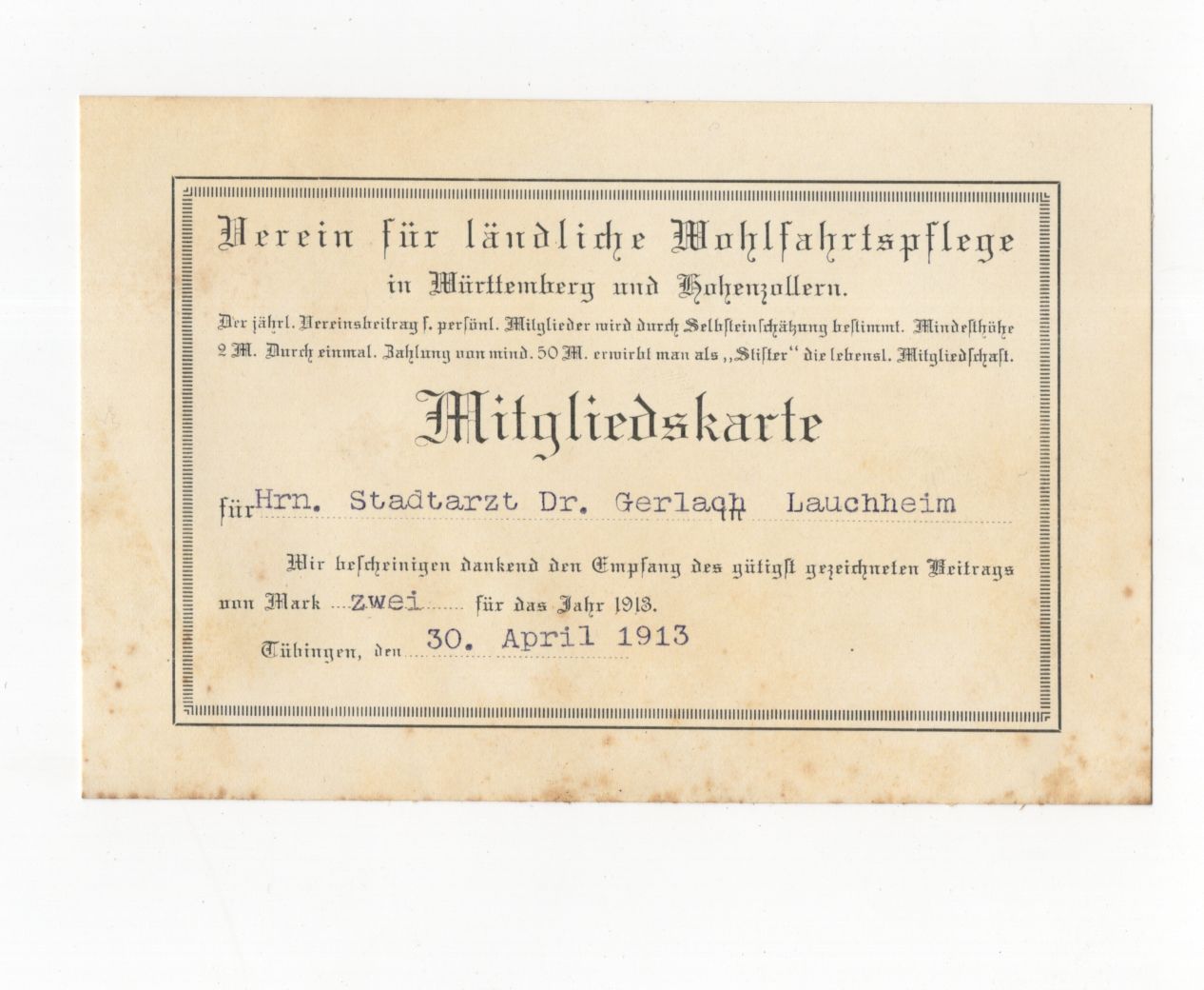 Mitgliedskarte Verein ländliche Wohlfahrtspflege Württemberg Hohenzollern 1913 Tübingen