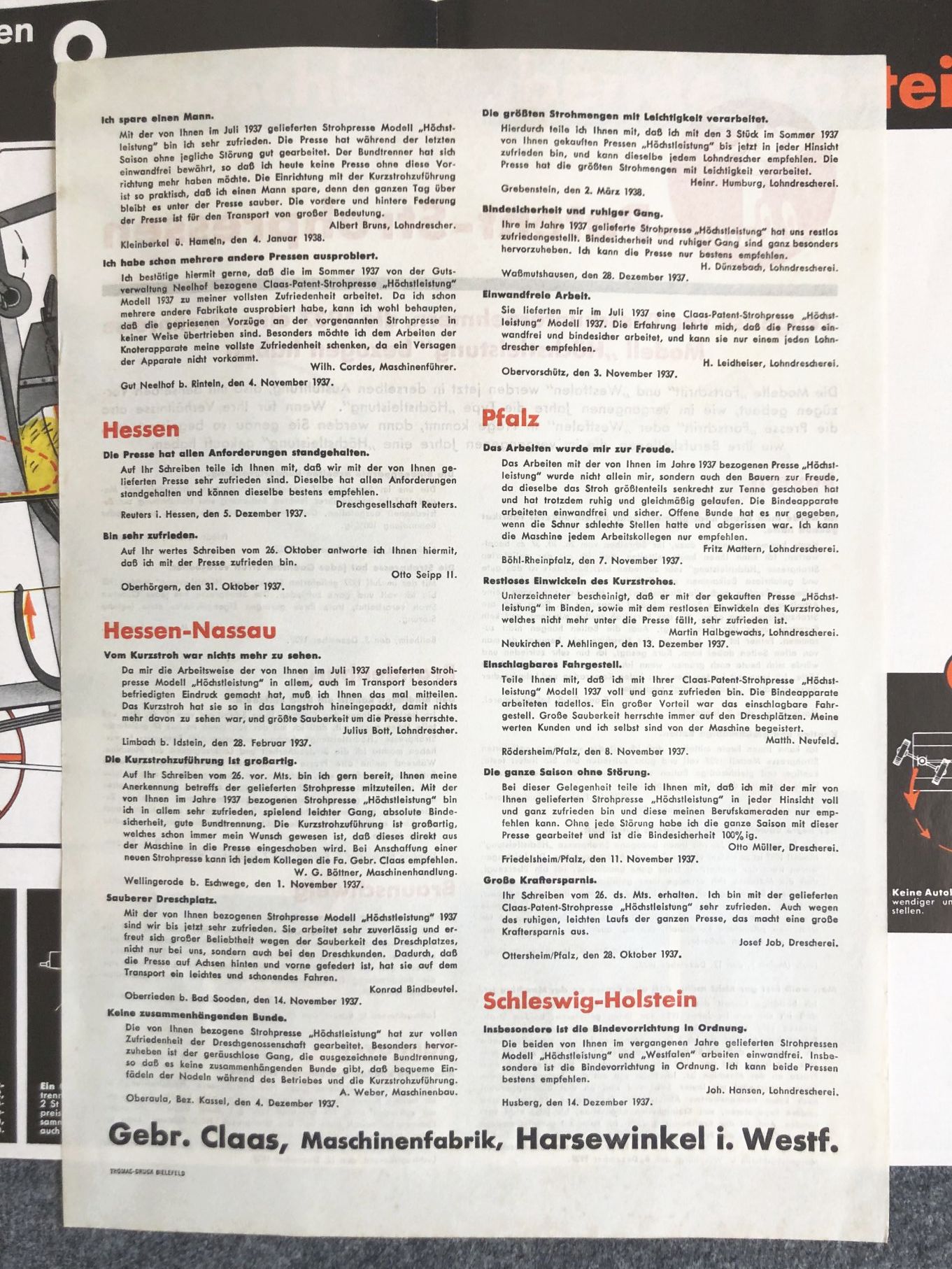 Prospekt Original Gebr Claas Patent Strohpressen BU BI Modell 1936