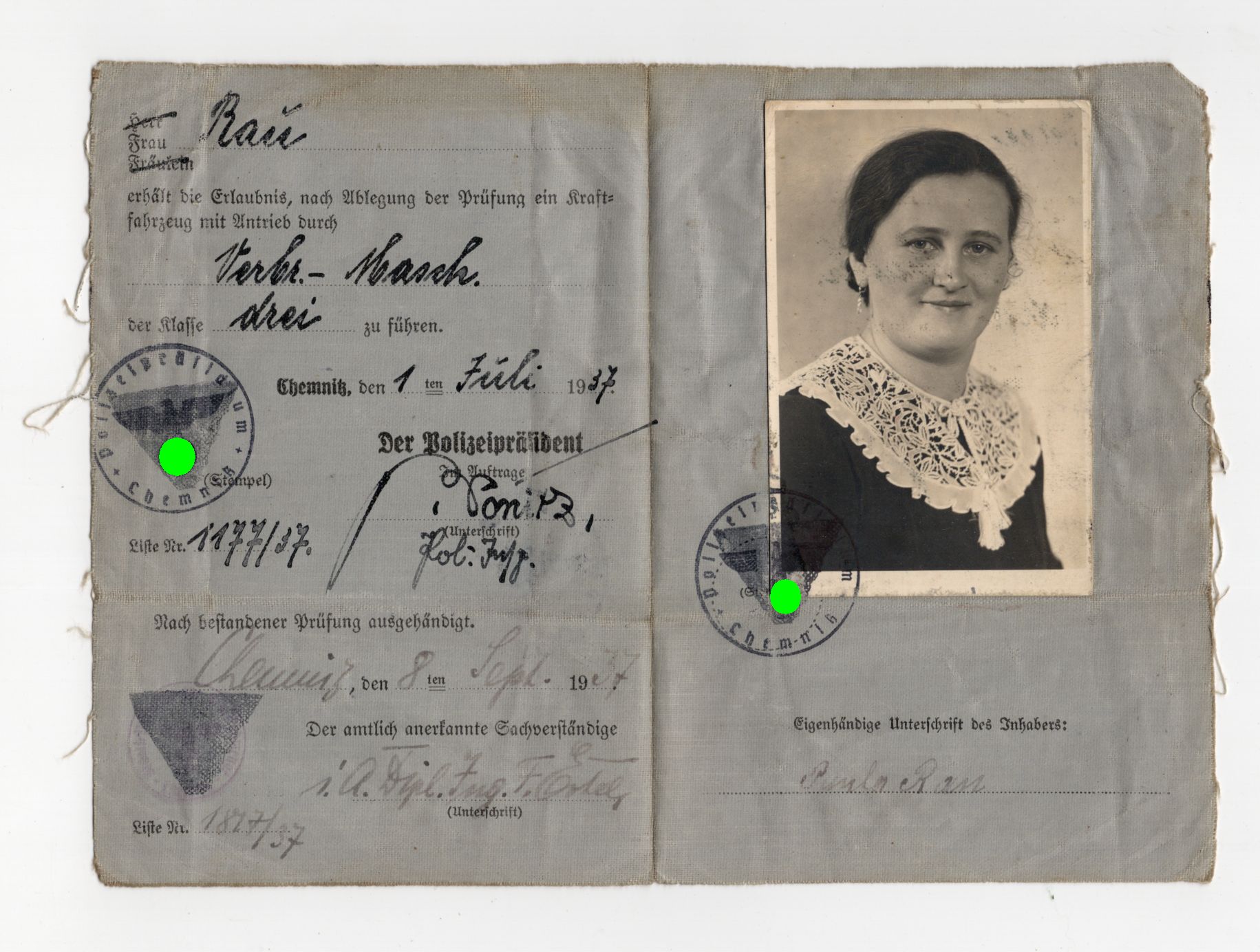 Führerschein Frau Chemnitz 1937 Klasse 3 Ausweis Dokument