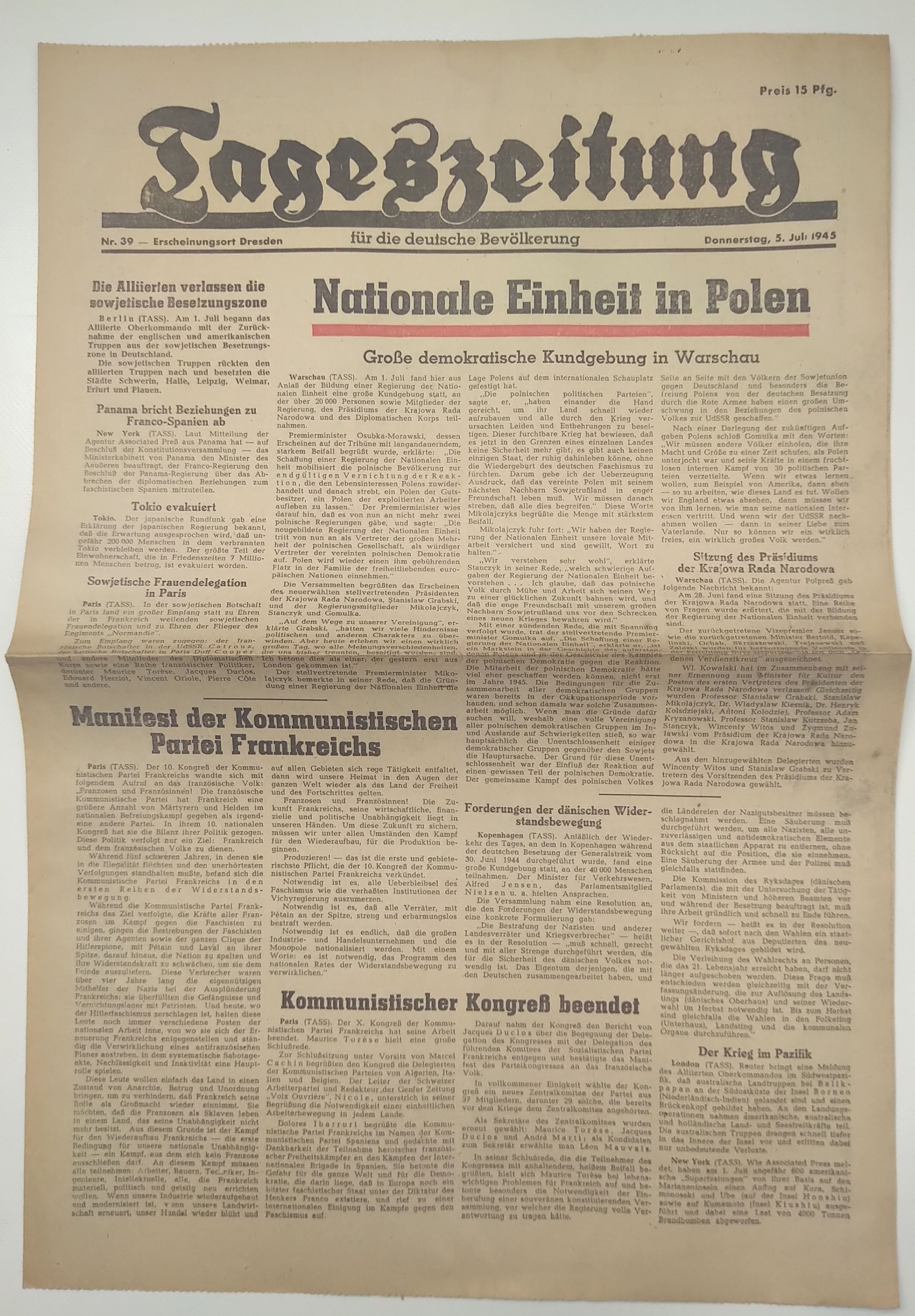 Tageszeitung Nationale Einheit in Polen 1945 Nr 39 alte Zeitung