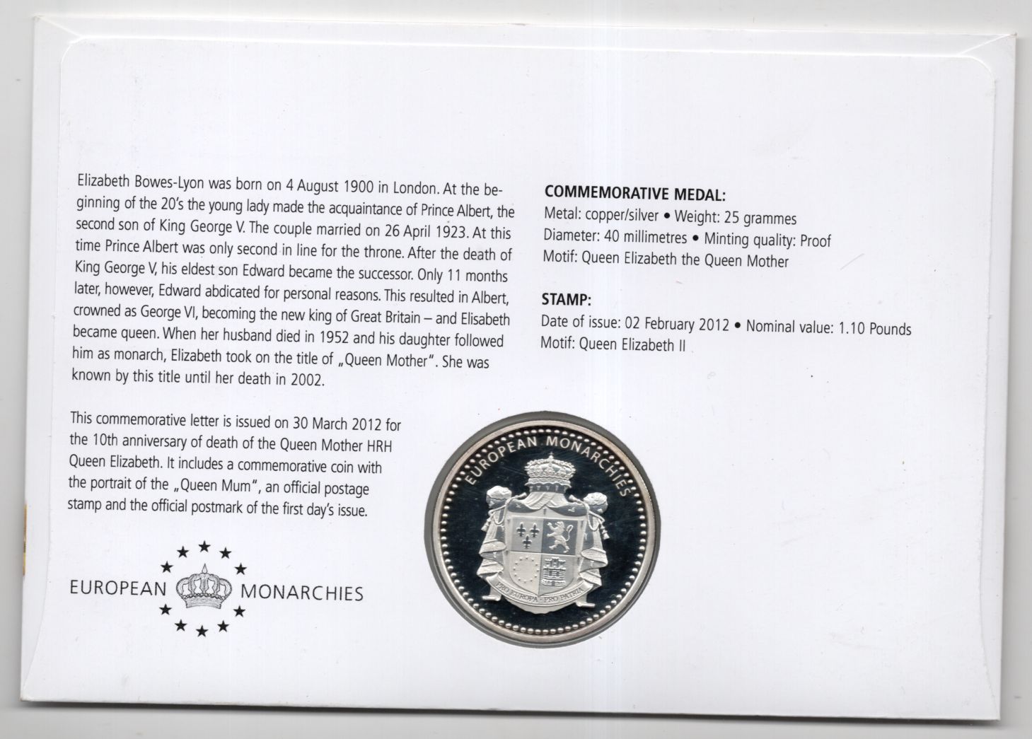 Numisbrief Gedenken HRH Queen Elisabeth the Queen Mother 2012 Numisbrief Gedenken HRH Queen Elisabeth the Queen Mother 2012
