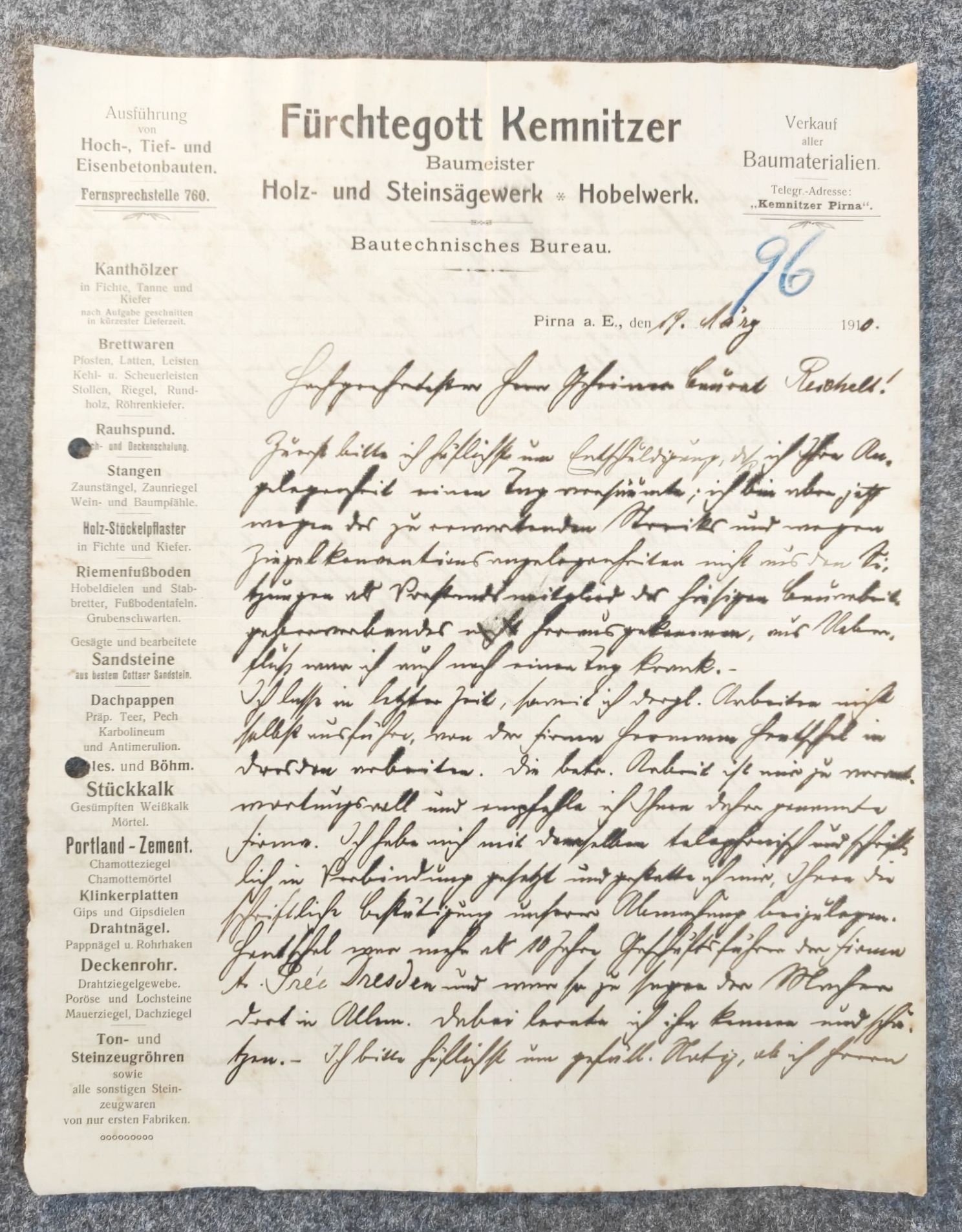 Fürchtegott Kemnitzer Baumeister Holz Steinsägewerk altes Dokument Fürchtegott Kemnitzer Baumeister Holz Steinsägewerk altes Dokument