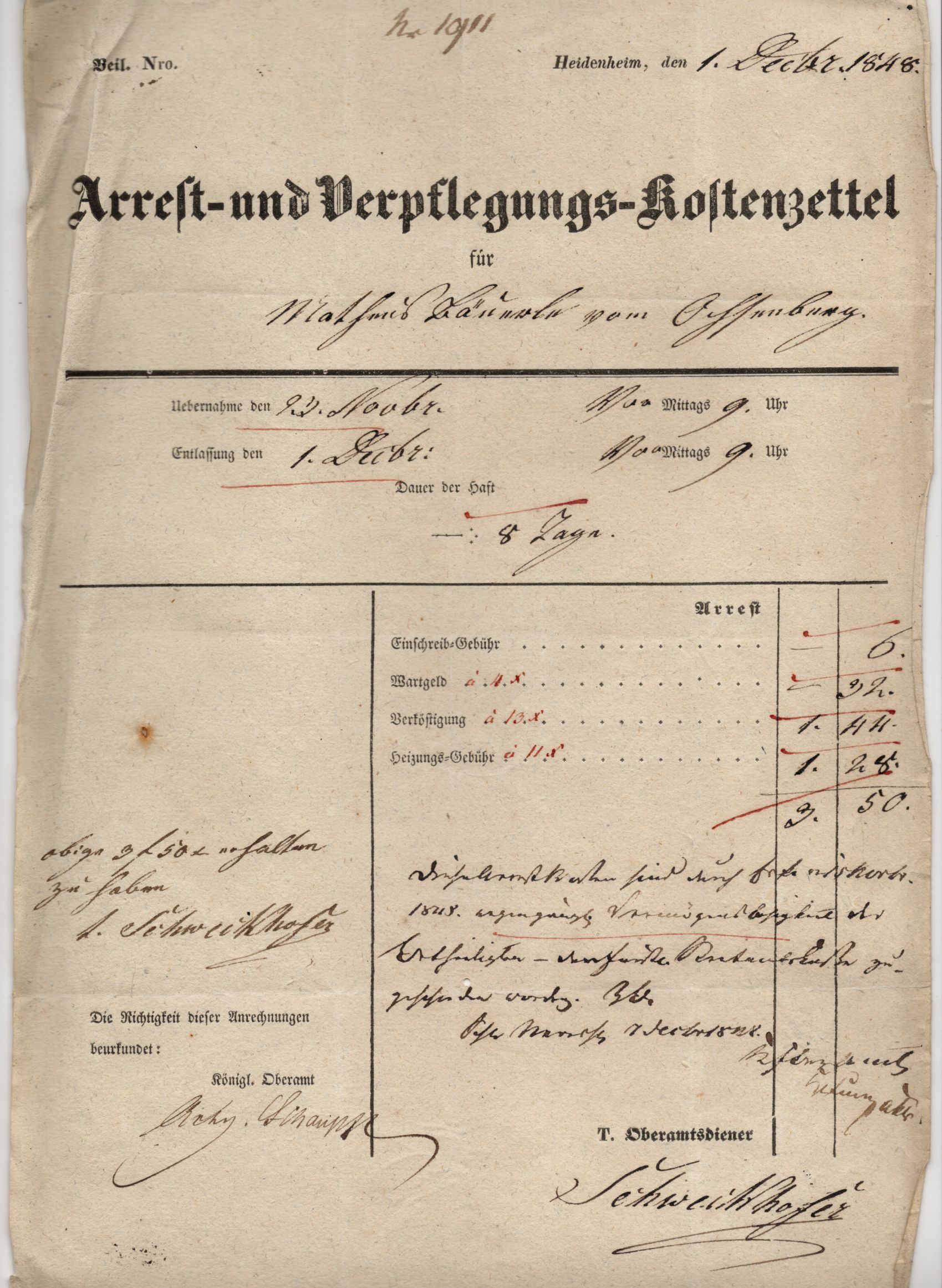Dokument Heidenheim Arrest und Verpflegung Kostenzettel 1848