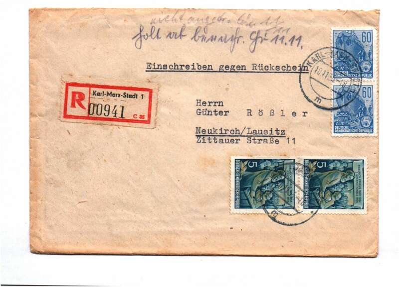 R Brief Karl Marx Stadt 1955 Mischfrankatur nach Neukirch Lausitz