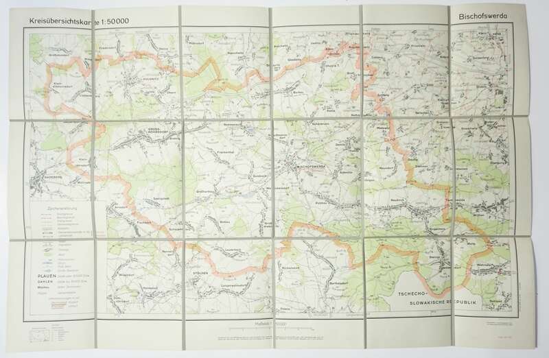 Alte Leinen Landkarte BISCHOFSWERDA  VintageL  