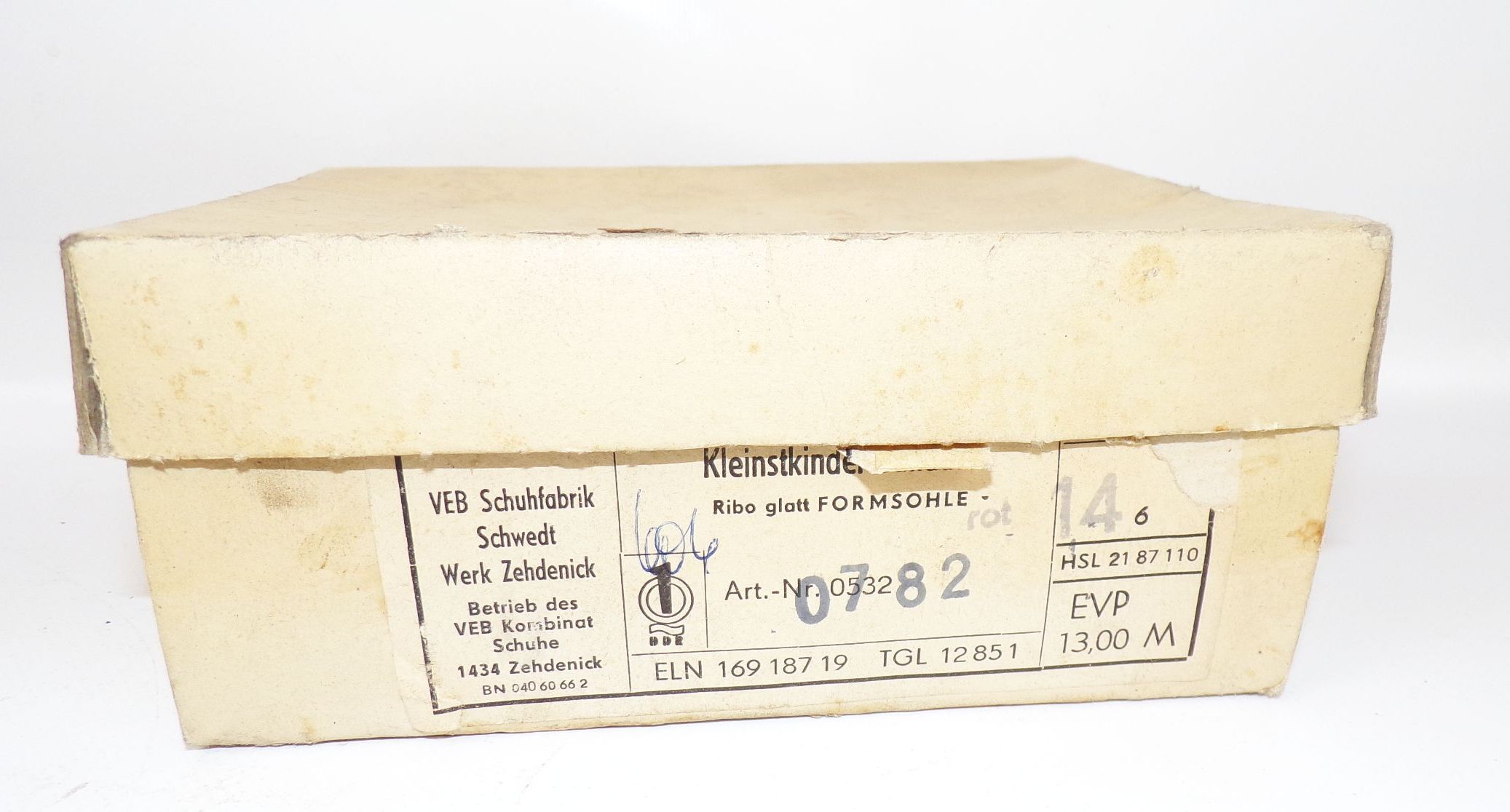 DDR Schuhkarton VEB Schuhfabrik Schwedt Werk Zehdenick Kleinstkinder Sandale