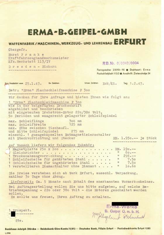 Dokument ERMA B Geibel GmbH Erfurt Waffenfabrik 1943 (D6