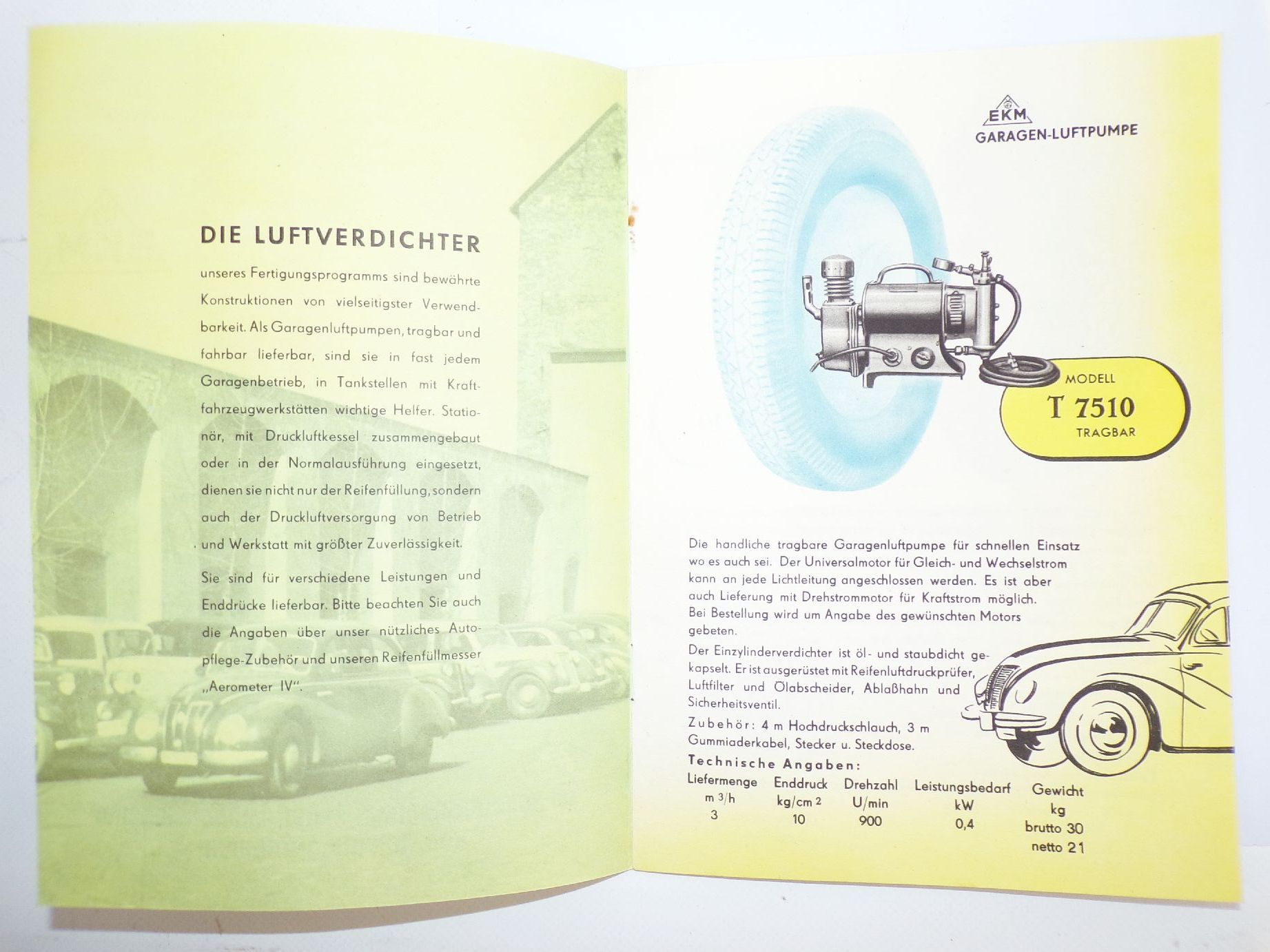 Altes Werbe Prospekt EKM Garage Luftpumpe Reifen Luftdruckprüfer Autopflege 1954 
