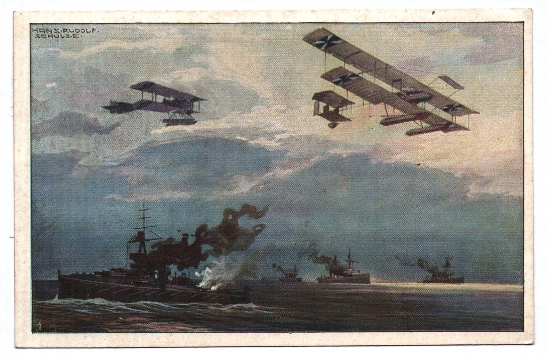 Künstler Ak Hans Rudolf Schulze 1 Wk Doppeldecker Flugzeuge Seeschlacht Künstler Ak Hans Rudolf Schulze 1 Wk Doppeldecker Flugzeuge Seeschlacht