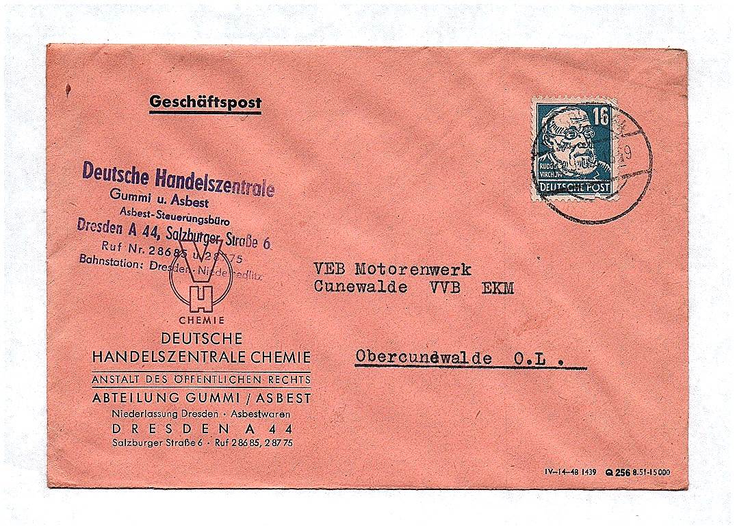 Geschäftspost VH Chemie Deutsche Handelszentrale Dresden ca 1952