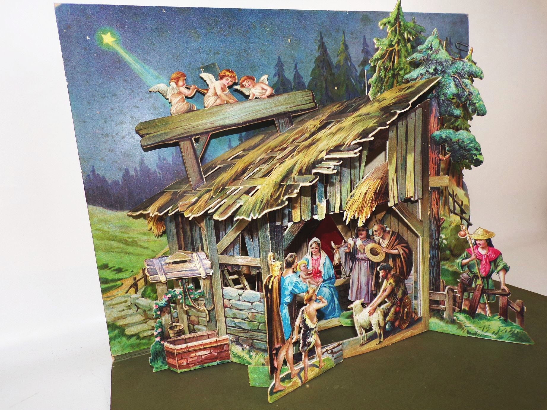 Alte Weihnachtskrippe groß Austell Krippe Papier Pop up Weihnachtsschmuck