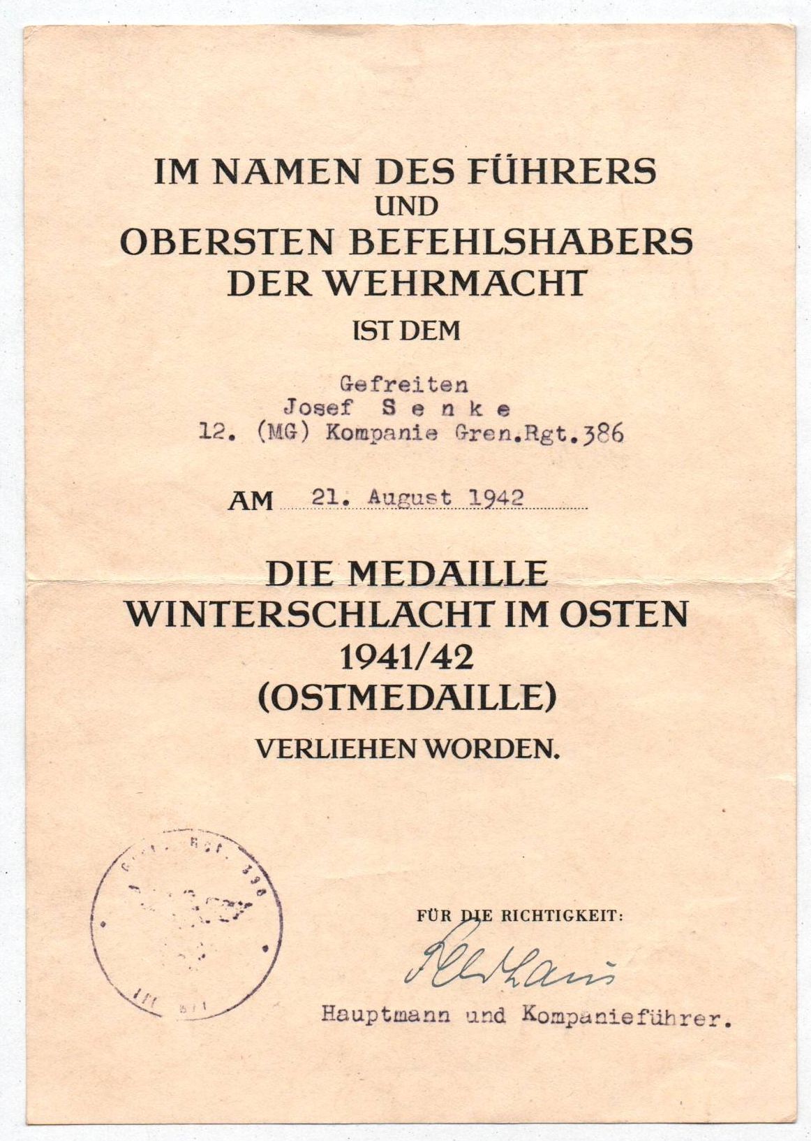 Urkunde 2 Wk Medaille Winterschlacht im Osten 1941 1942 Grenadier Regt 386 
