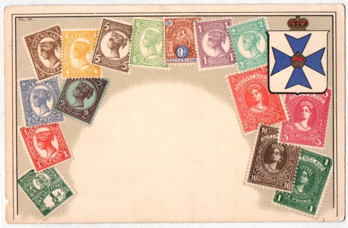 Litho Ak Queensland Australien Briefmarken um 1910 Philatelie