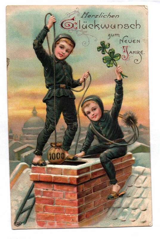 Postkarte zwei Schornsteinfeger Esse Geldsack Neujahr 1913