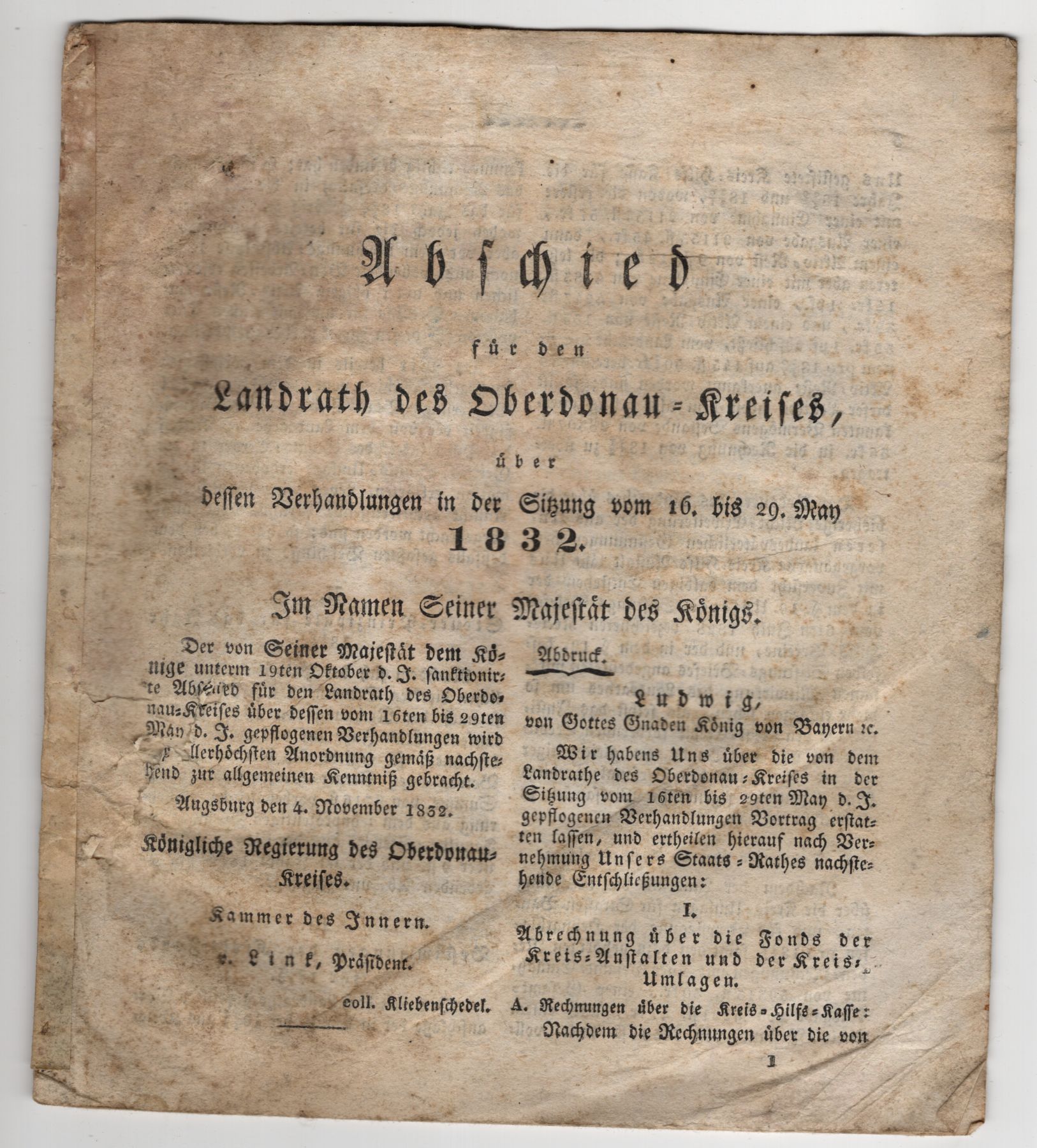 Dekret Abschied für den Landrat des Oberdonau Kreises 1832 Augsburg
