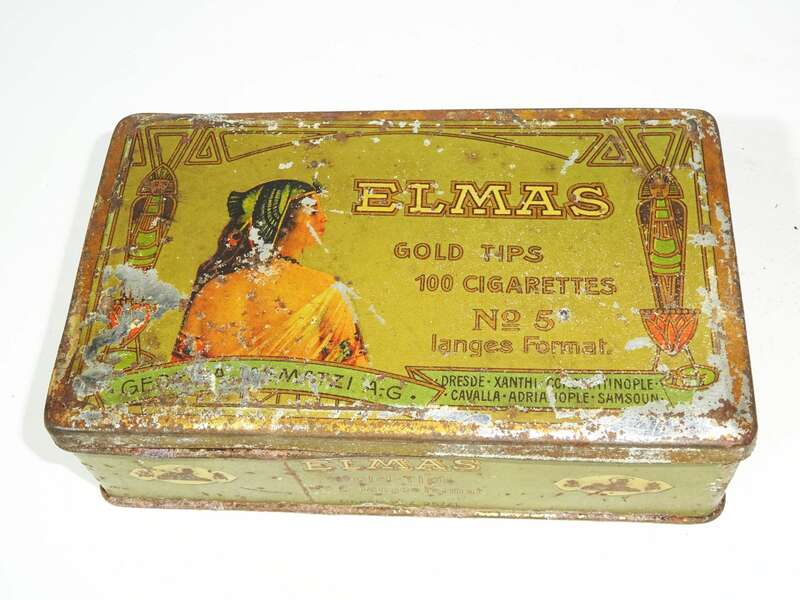 Jasmatzi Dresden Blechdose Elmas Grün um 1900 Zigarettedose tin box