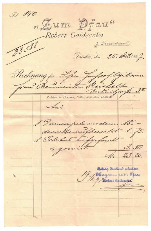 Litho Rechnun Zum Pfau Robert Gaideczka Frauenstasse Dresden 1897 !
