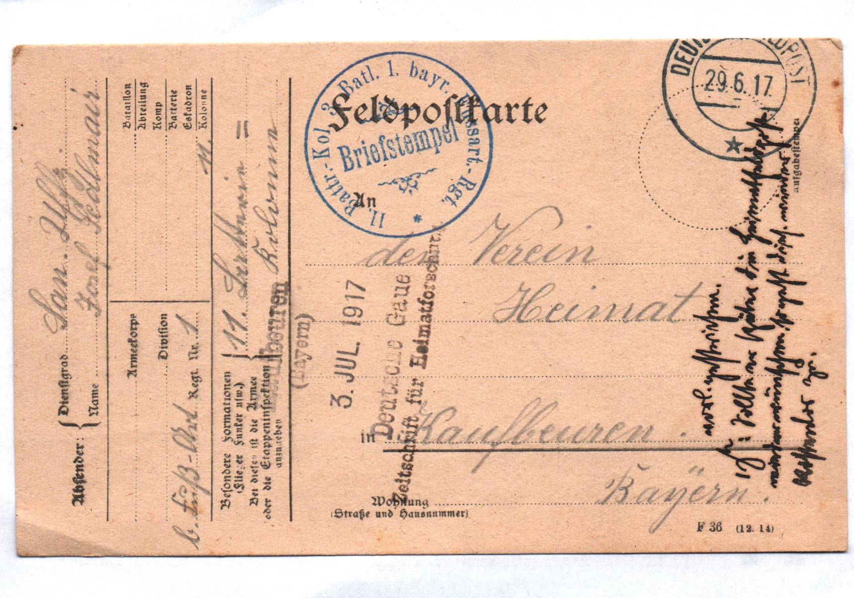 Feldpostkarte 11 Batterie Kolonne 3 Bataillon 1 bayerische FAR 1917 Stempel
