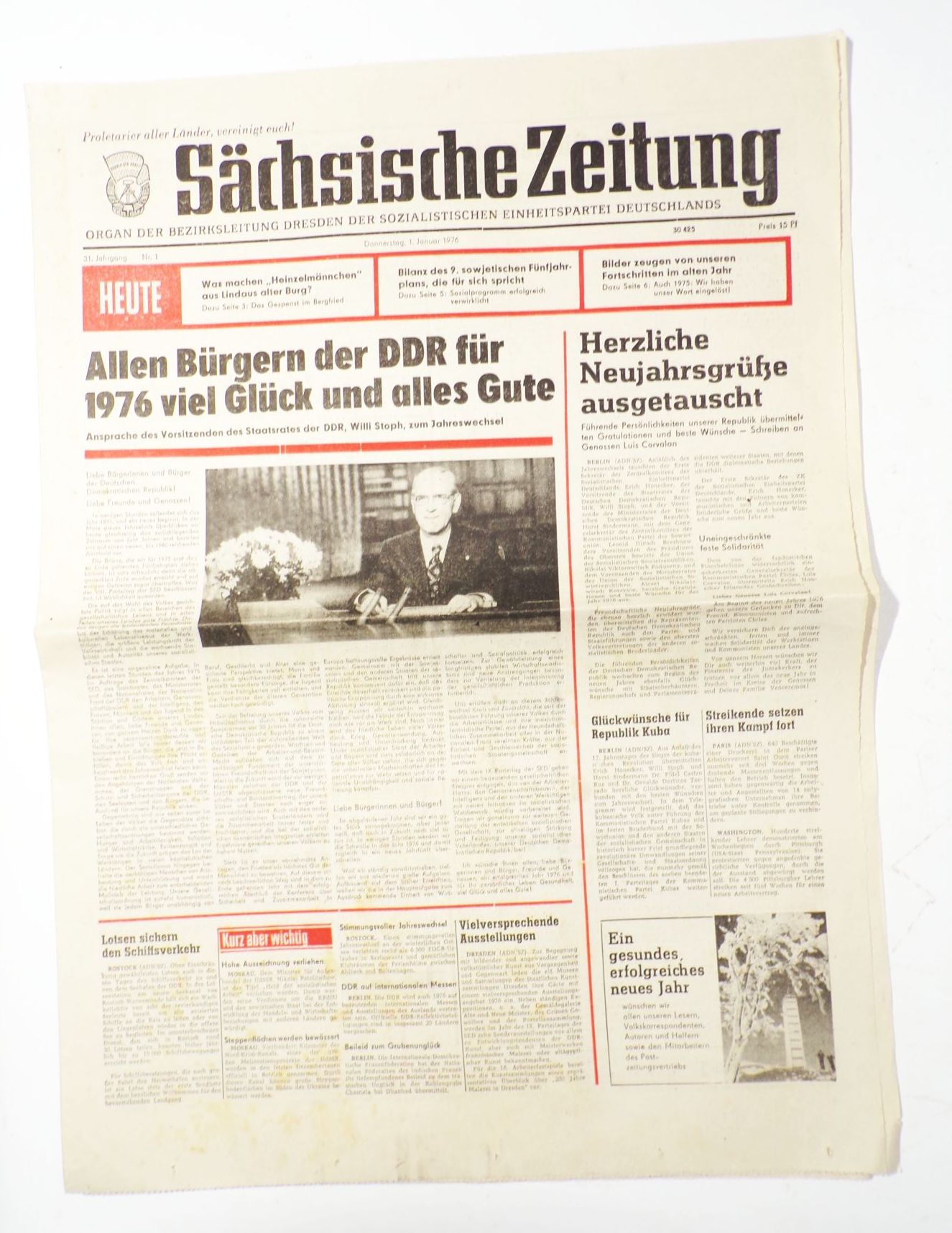 DDR Sächsische Zeitung Willi Stroph Jahreswechsel Ansprache Nr 1 Januar 1976