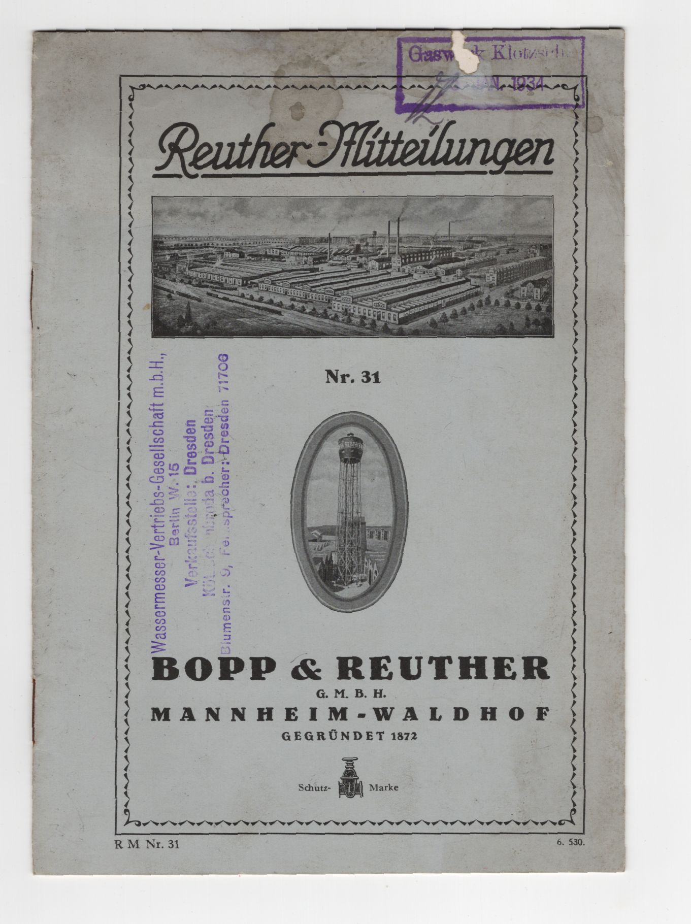 Reuther Mitteilungen Wasserzähler Bopp Reuther Mannheim Waldhof 1931