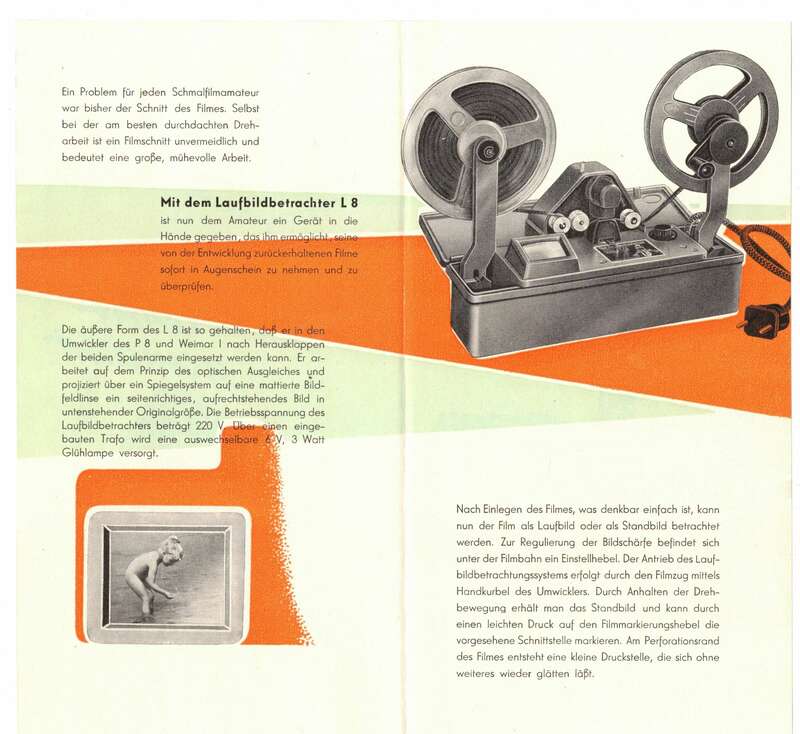 Faltblatt Laufbildbetrachter L8 Filmschnitt leicht gemacht 1958 