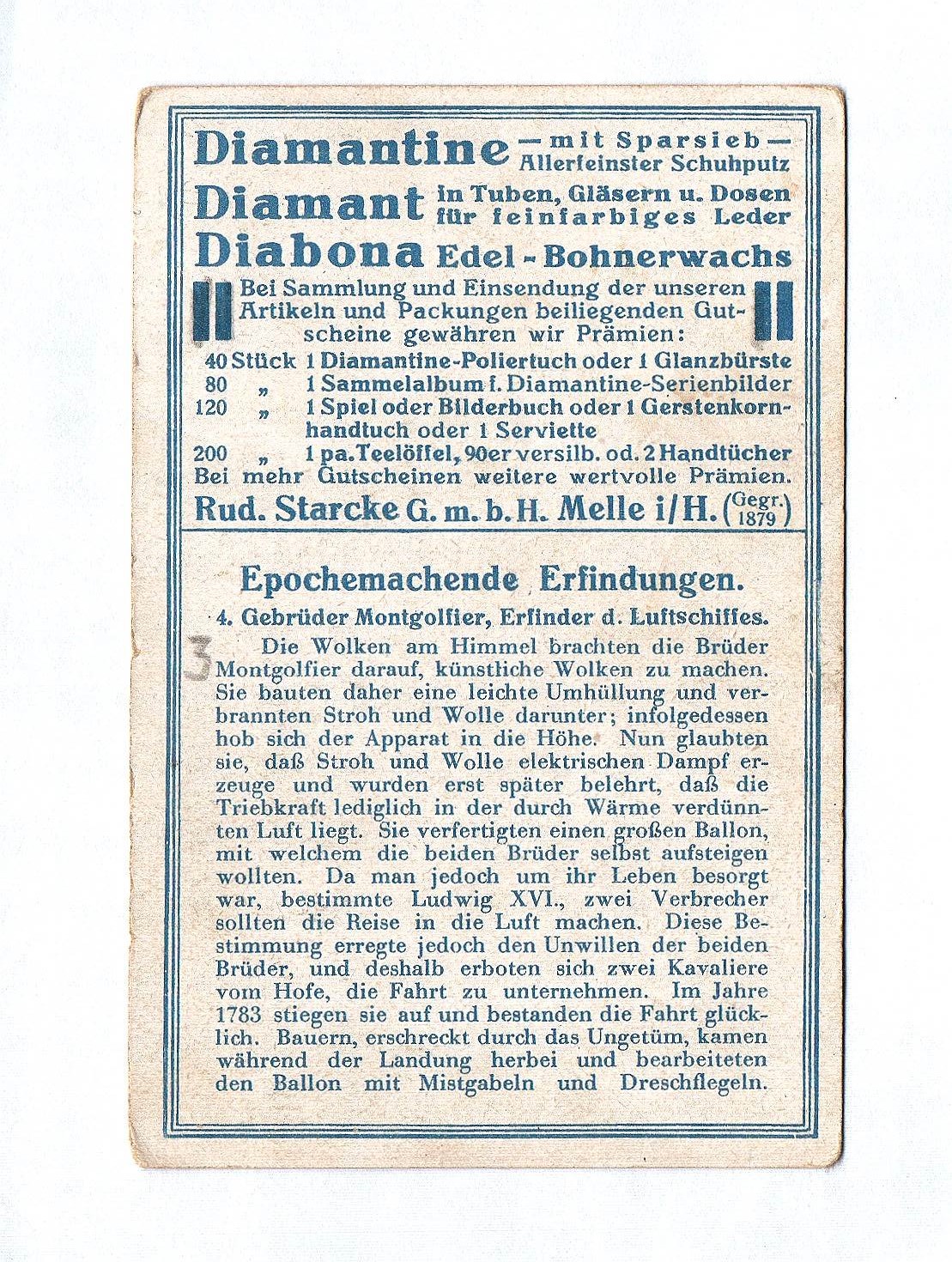 Diamantine Schuhputz Gebr. Montgolfier Erfinder des Luftschiffes Sammelbild Rud. Starcke G.m.b.H. Melle
