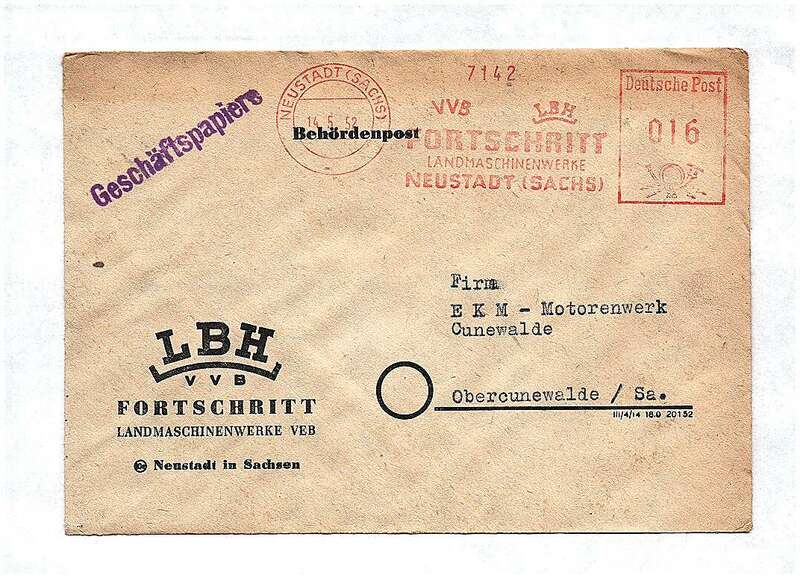 LBH Fortschritt Landmaschinenwerke VEB Neustadt DDR 1952 Geschäftspapiere