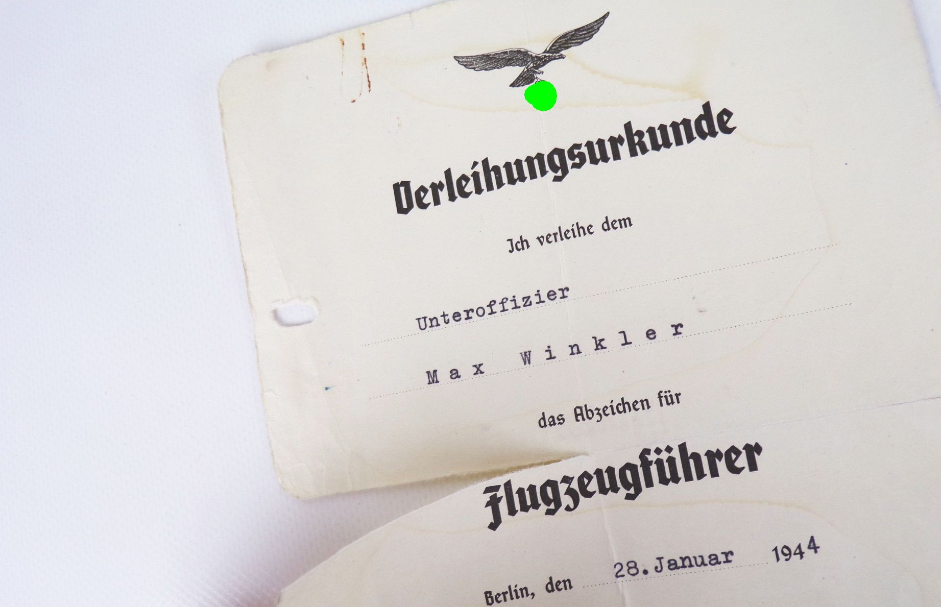 Urkunde Flugzeugführer Abzeichen und Ernennungsurkunde Fluglehrer 1944 Urkunde Flugzeugführer Abzeichen und Ernennungsurkunde Fluglehrer 1944