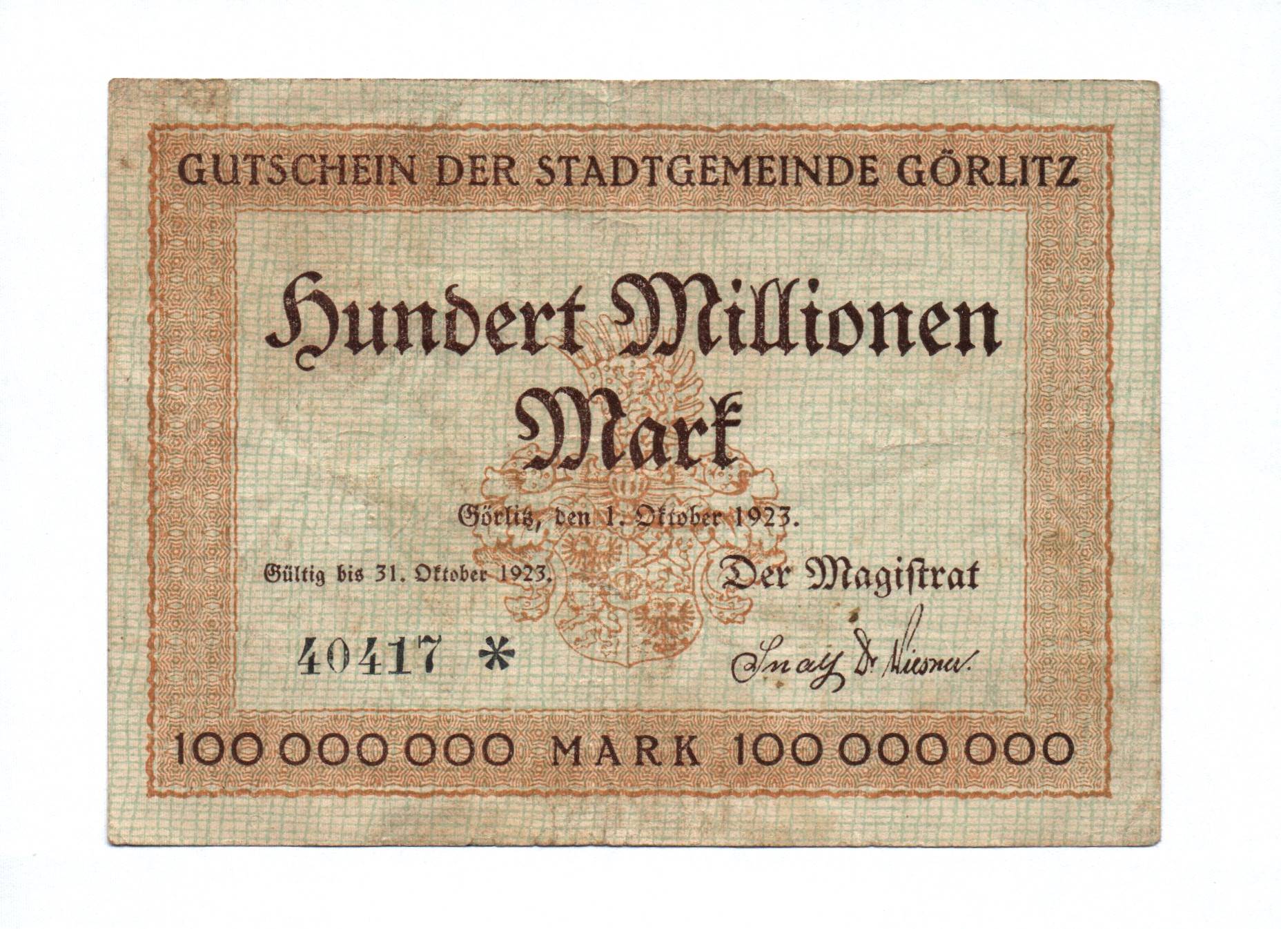 Gutschein der Stadtgemeinde Görlitz Hundert Millionen Mark 1923