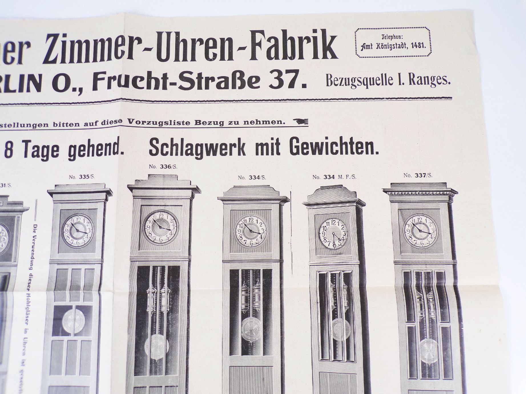 Plakat Berliner Zimmer Uhren Fabrik um 1910 Standuhren Reklame Plakat Berliner Zimmer Uhren Fabrik um 1910 Standuhren Reklame