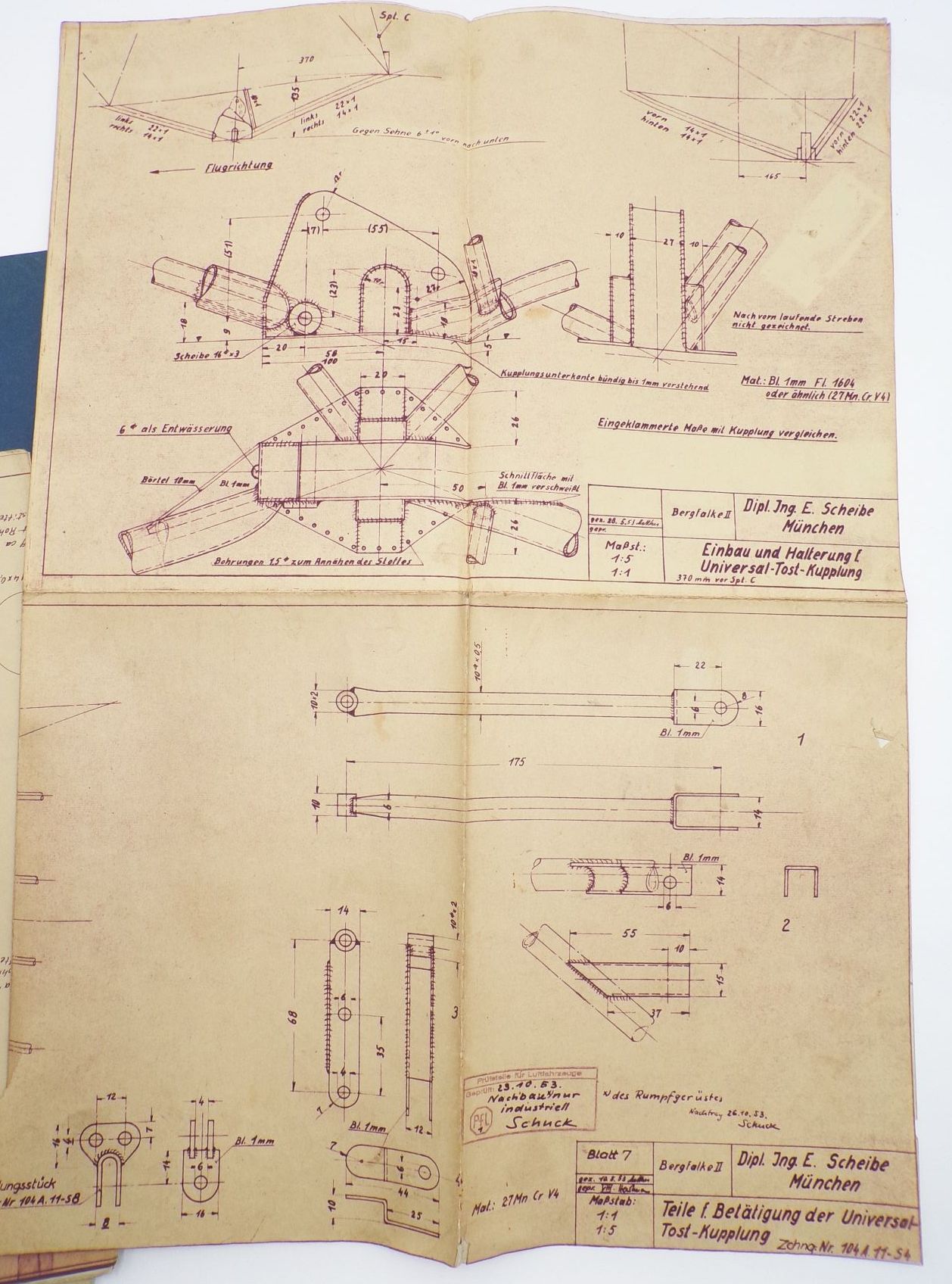 Mappe Baupläne Scheibe Flugzeugbau Dachau 1955 Mü13E Bergfalke 