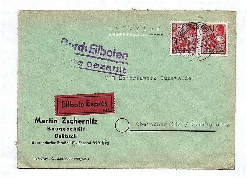 Eilbote Express Baugeschäft Delitzsch Eilbrief DDR 1956