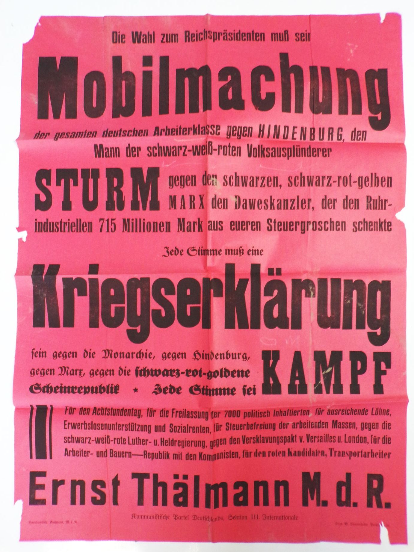 Original Plakat Ernst Thälmann KPD gegen Hindenburg Marx um 1920 Poster