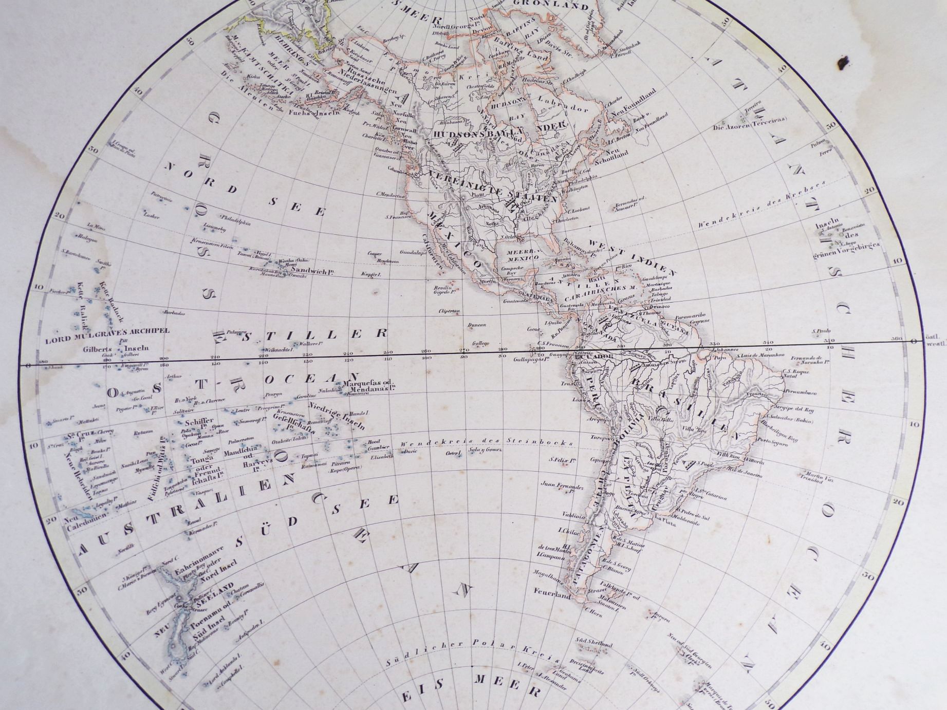 Westliche Halbkugel Glaser Atlas 1836 Stahlstich koloriert Druck