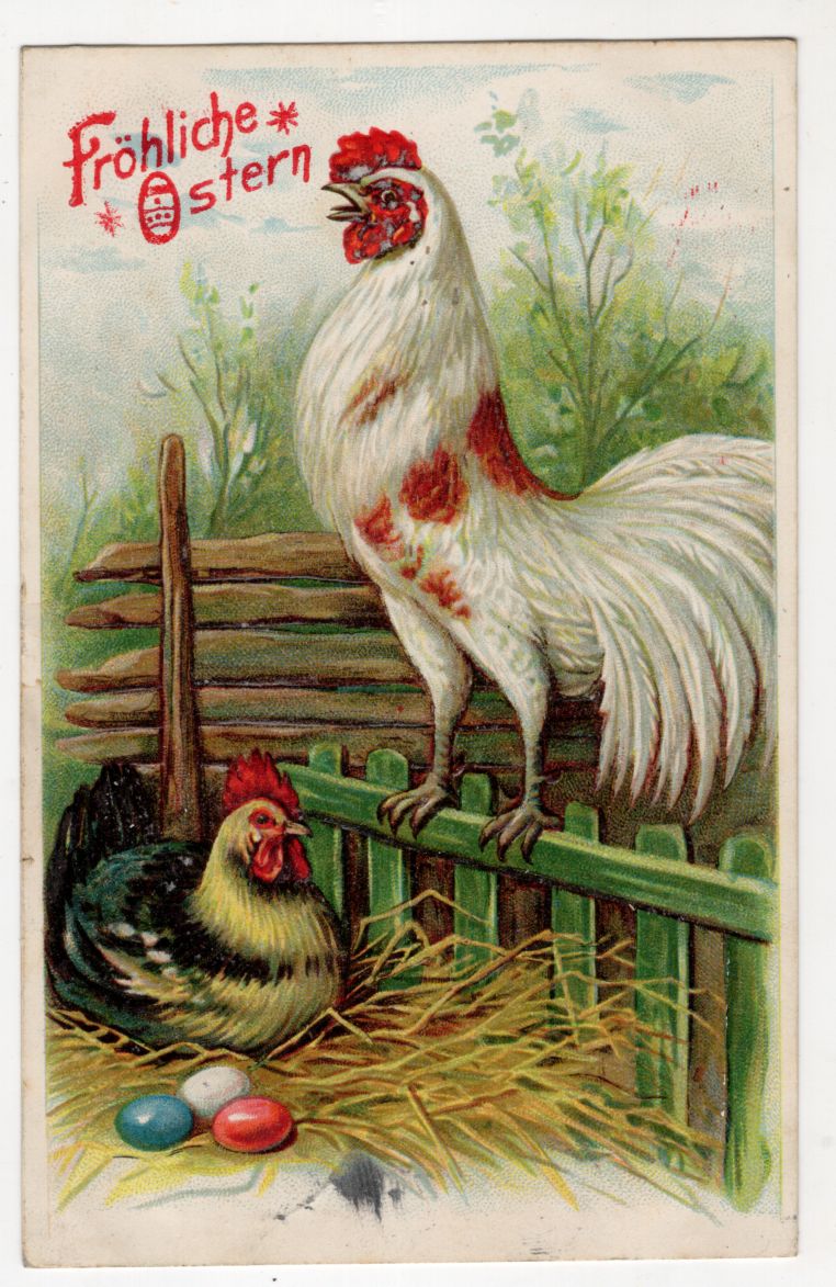 Litho Ak Hahn mit Henne Fröhliche Ostern stark geprägt