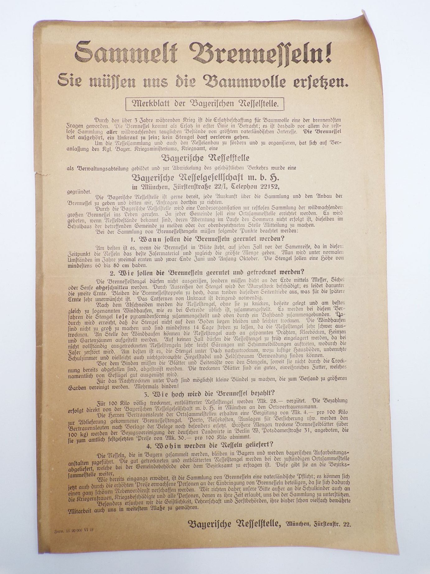Aushang Flugblatt Sammelt Brennnessel Baumwolle ersetzen 1 Wk WW1