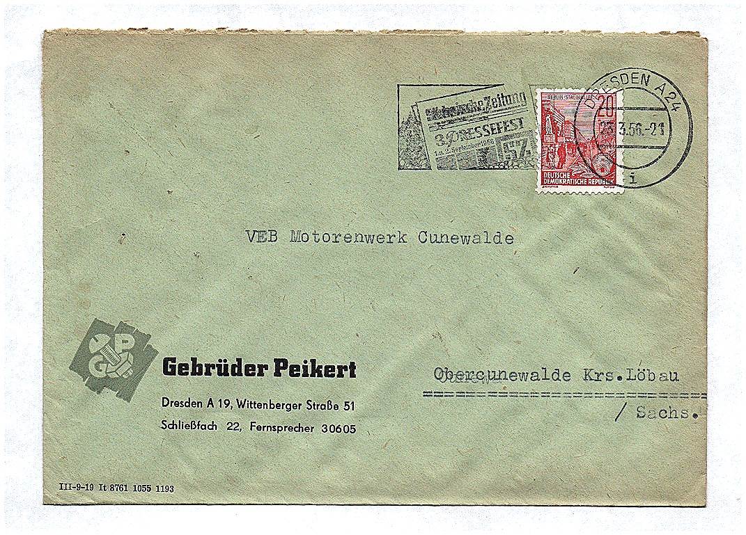 Brief Gebrüder Peikert Dresden an VEB Motorenwerk Cunewalde 1956 DDR
